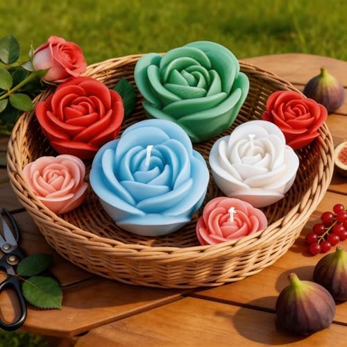 4 PCS Rose Candle Mold Silicone – Flower Shape with Leaf for DIY Soap Resin
