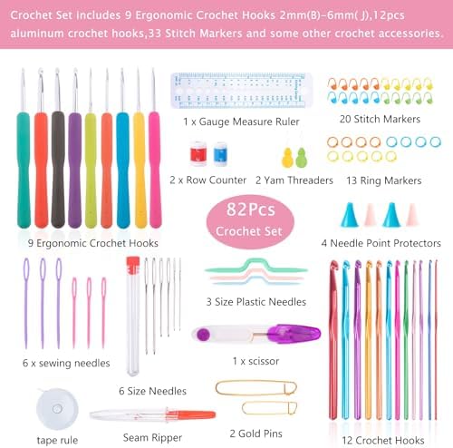 82Pcs Crochet Hook Set with Storage Case - Stand Up Crochet Hook Case with 20 Size Crochet Hooks & needles, Crochet Accessories - Crochet Needles Set for Crochet Lovers, Crochet Kit for Beginners