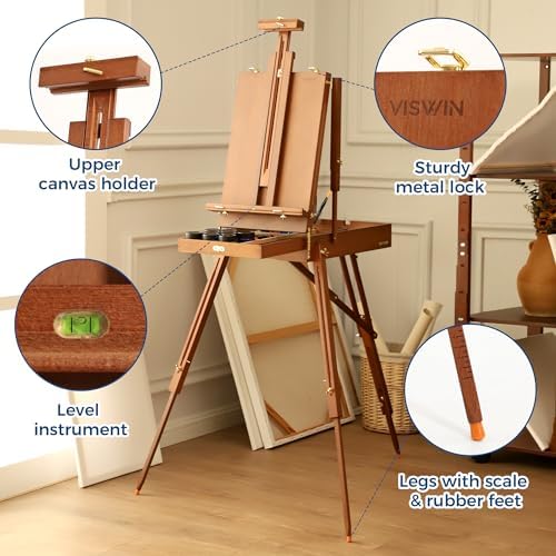 VISWIN French Easel for Painting with Palette, Shoulder Strap & Storage, Adjustable Beech Wood Travel Art Easel Stand, Portable Sketchebox Plein-Air Easel for Adults, Artists, Table Top & Floor Use