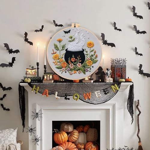 Floral Witch Hat Embroidery Kit Halloween Cross Stitch Material Set with Bat Skull Flower Pumpkin Patterns, DIY Hand Needlepoint Embroidery Craft Kit for Beginners Professional (Floral Cauldron B)