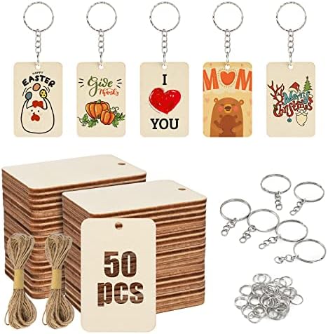 50Pcs Blank Rectangle Wooden Keychain Set, Unfinished Wood Slices with 50Pcs Key Rings, with Jute Rope Wood Keychain Key Tags for DIY Craft Supplies