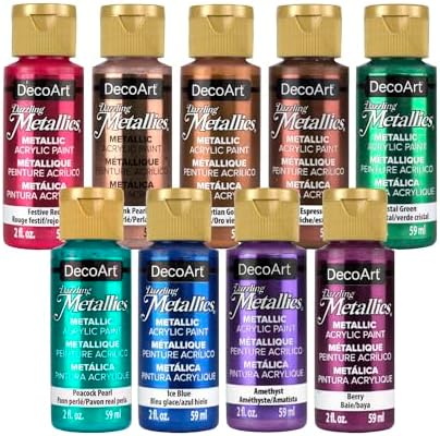 DecoArt Americana Dazzling Metallics Acrylic Paint Set – Bold Metallic Colors, 9 Bottles (2 fl oz) – Craft Metallic Paints for Canvas, Wood & DIY Projects