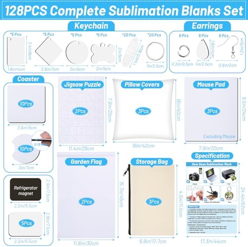 Modacraft 128-Piece Sublimation Blanks Kit - Premium DIY Bundle for Home Decor | Craft Supplies for Cricut, Birthday Gifts, Halloween, Thanksgiving, Christmas Customization (White)