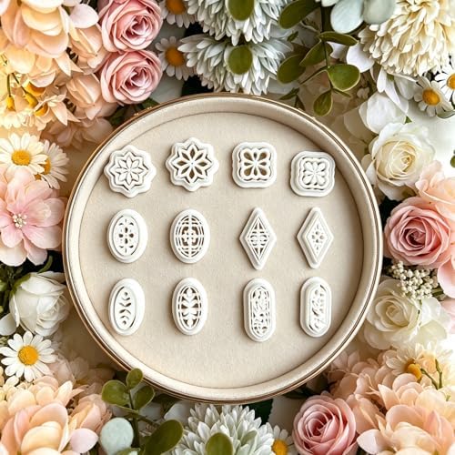 12 Pcs Floral & Geometric Polymer Clay Cutters Set - Flower, Oval & Diamond Shape Clay Cutters for Polymer Clay Jewelry Making, Earring & Craft Supplies