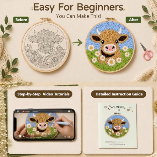 CYANFOUR Punch Needle Kit for Beginners, Sea Turtle Punch Needle Kits Adults, Craft Kits for Adults with 2 Pre-Printed Fabrics, Embroidery Hoop, Threads, DIY Gift and Home Decor 20 * 20cm