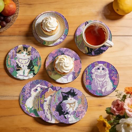 Leatrice Small Diamond Art Coasters Set Diamond Painting Kits for Adults Cat Diamond Dots Coasters Beginners Women Gem Art Coasters with Holder Funny Crafts Supplies for DIY Home Decor