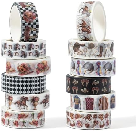 Kentucky Derby Washi Tape - 12 Rolls Horse Racing Silhouette Jockey Silk Bridle Scrapbook Card Masking Washi Decorative Artist Tape Junk Journal Scrapbooking Supplies School Office DIY Craft