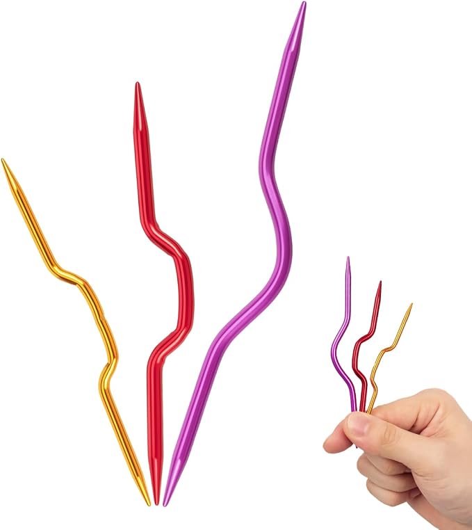 EXCEART Aluminum Bent Cable Needles 3Pcs Set for Knitting Crochet Projects Professional Cable Stitch Holders Yarn Needles Tapestry Tools Smooth Knitting Accessories