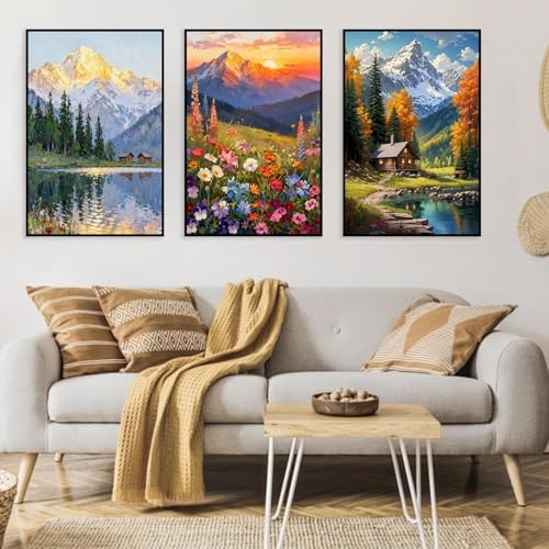 3 Pack Framed Paint by Numbers for Adult with Wooden Easel (8x12 inch) | Mountain Scene Paint by Number on Canvas Oil Painting Kit with Brushes, Easy Adults' Paint-by-Number Kits for Home Wall Decor