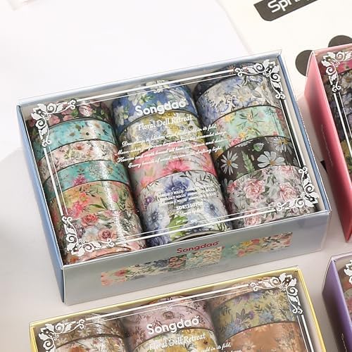 Floral Washi Tape Set - 15 Rolls Flowers Arts Adhesive Tapes Garden Blooms Decorative Masking Tape Sets for Craft, Kids, Scrapbook, DIY, Gift Wrloapping (5-Pastel Garden)