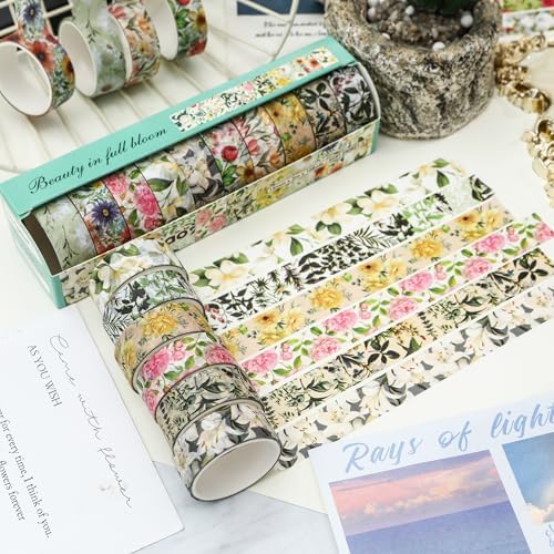 10 Rolls Blooming Flowers Washi Tape Set Floral Arts Adhesive Tapes Colorful Garden Decorative Masking Tape Sets for Craft, Kids, Scrapbook, DIY, Gift Wrapping (2-Romance)