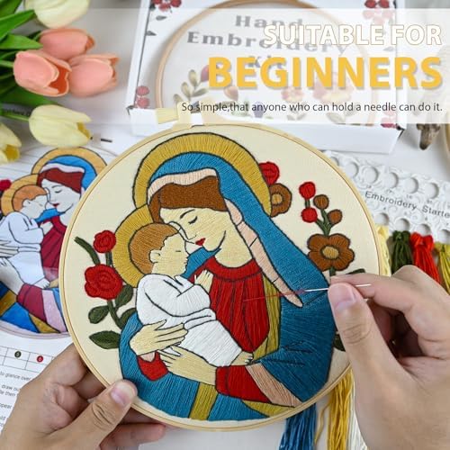 Christian Embroidery Kit for Beginners Adults, Virgin Mary Easy Cross Stitch Kit Jesus and The Holy Mother Mary Pattern Embroidery Starter Kits with Wooden Hoop Needles Threads and Instruction