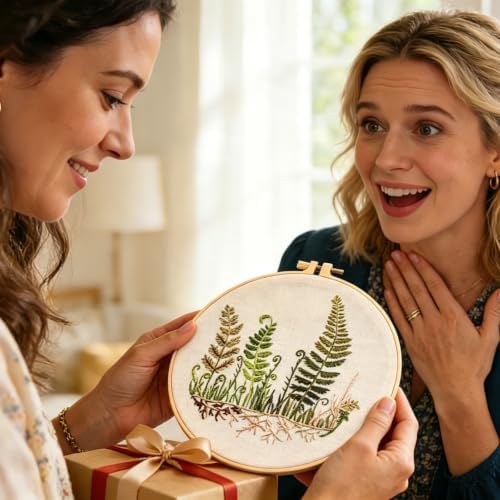 Fern Botanical Embroidery Kits for Beginners Adults, Vintage Plant Embroidery Sets Needlepoint Kits, Stamped Cross Stitch Kits for Beginners Adult, 4 Embroidery Hoops, Fabric (Attached Video Tutorial)