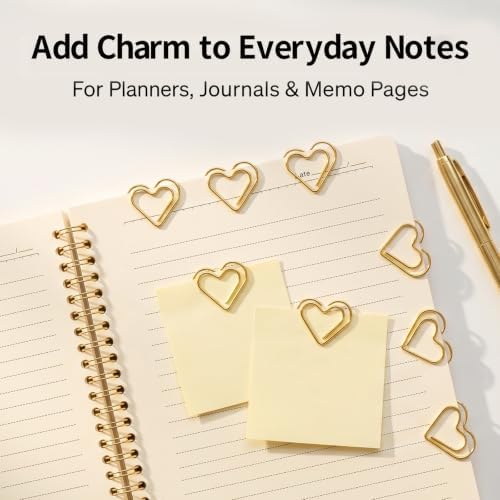 Cute Gold Heart Paper Clips 100 Pcs, Planner Bookmark Clips