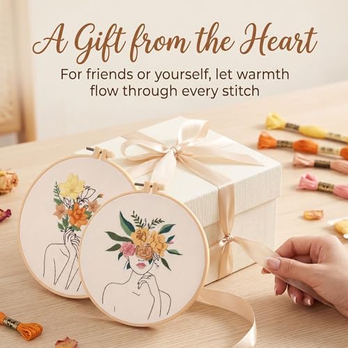 Harimau Adult Beginner Embroidery Starter Kit, Complete Set with 4 Patterns, 2 Hoops, Needles, Scissors, Instruction Guide & Stitching Video Tutorials