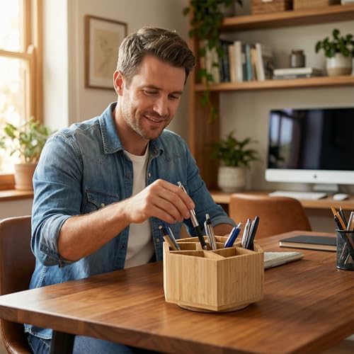 360° Rotating Bamboo Desk Organizer Hexagon