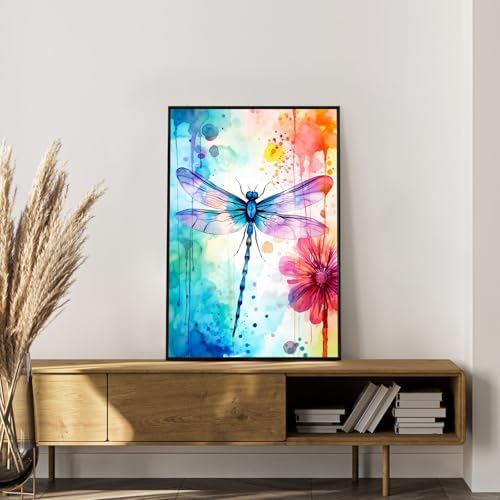 Framed Paint by Numbers Kit for Adults, Dragonfly & Flower Decor 8x12 Inch