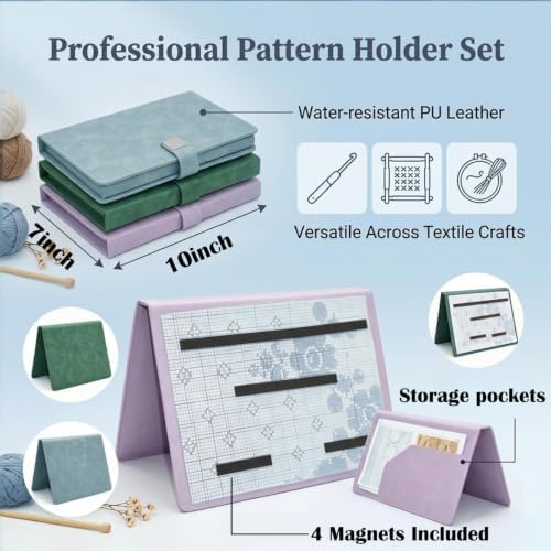 Cowenhey Knitting Pattern Holder with Pocket, Knitting Chart Holder with 4 Replacement Magnets, Holder Foldable Chart for Fixed Crochet Pattern