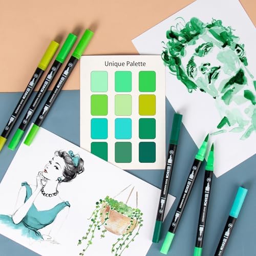 Green Duo Tip Marker Pens, 12 Fine & Brush Tip Pen For Adult Coloring Books