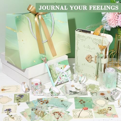Janlaugh DIY Journal Diary with Lock Pack Scrapbook Kit, Light Green, Fresh | Stationery Diary Supplies, Scrapbook Supplies Art Crafts Kit for Birthday Holidays Ideal Gifts, Feather Bookmark Stickers