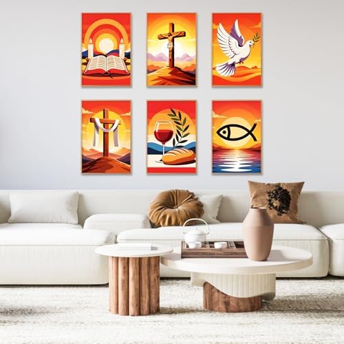 6 Pack Paint by Numbers Kit for Adults, Christian Painting, 8x12 Inch | DIY Adult Paint by Number Kits on Canvas for Beginners, without Frame, ReligionHome Wall Decor, Stress Relief Craft Gift