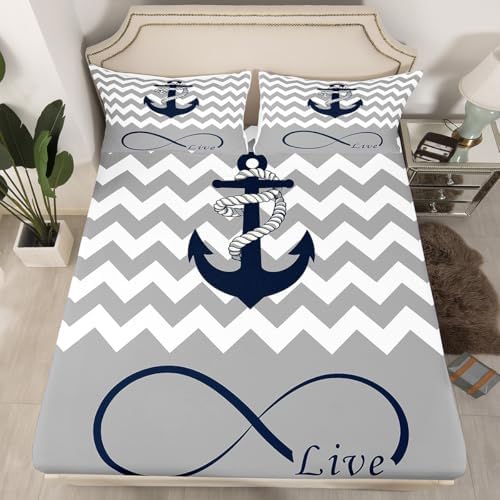 Nautical Style Bed Sheet Set King Size Anchor Rope Mattress Cover Modern Stripes Geometric Sheets for Boys Girls Bedroom Gray White with Flat,Fitted Sheet Pillowcase 4Pcs