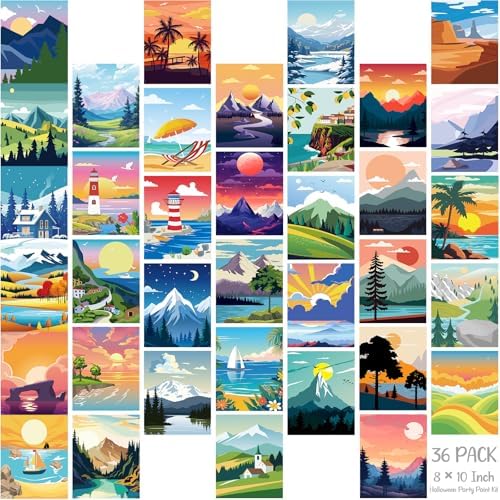 Harloon 36 Pcs 8 x 10 Inch Pre Drawn Canvas for Painting Pre Stretched Canvas Painting for Adults Illustration Landscape Outline for Sip and Paint Party Supplies Favor