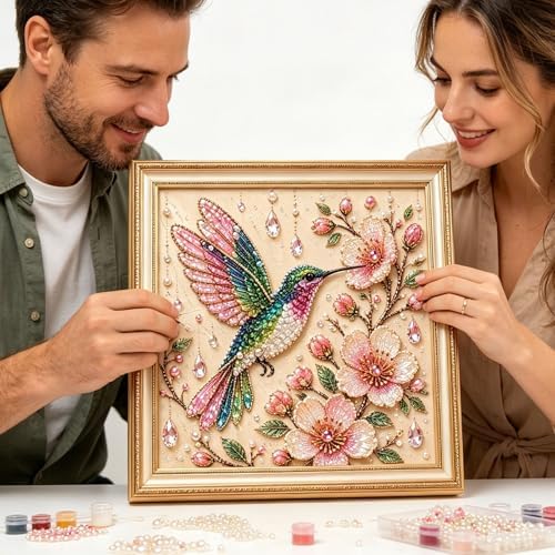 Pearl Art Kits for Adults Bird Flower DIY Beaded Embroidery Kits with Crystal Rhinestones Pearl Painting Craft Kit with Pre-Printed Canvas Handmade Home Wall Decor Gift (Hummingbird)