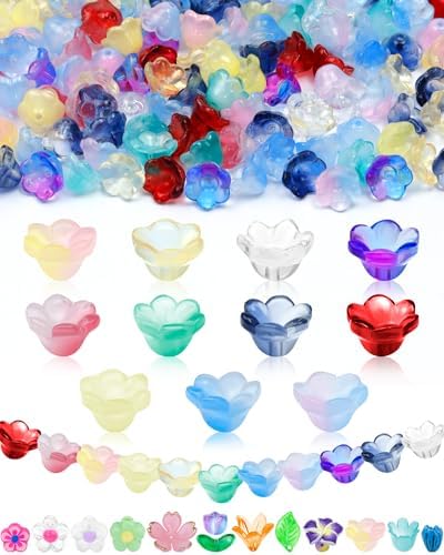 FIVEIZERO Flower Charms, 200PCS Glass Lily Bell Flower Beads, 11 Colors