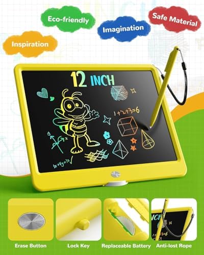 TEKFUN 12" LCD Writing Tablet for Kids Ages 3–8, Easy & Fun Doodle Board for Drawing and Writing, Screen-Free Way to Keep Kids Busy at Home or Travel, Great Gift Idea for Girls Boys (Yellow)