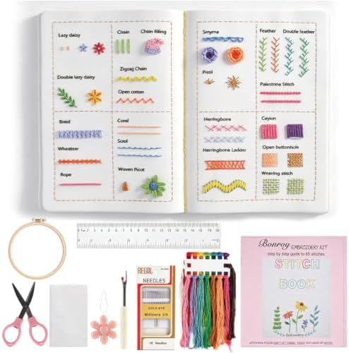 Bonroy Beginner Embroidery Stitch Book with Fabric Pages, Essential Stitches in Structured Learning Order for Adults, DIY Sewing Kit with Floral Motifs, Practice Patterns