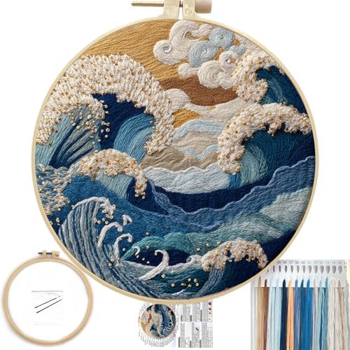 FONNUY Embroidery Kit for Beginners, Stormy Sea Wave Flowers Pre-Stamped Pattern Kits for Adults with Hoop, Easy to Follow Color Thread Needlework, 8'' Hoop (Gold)