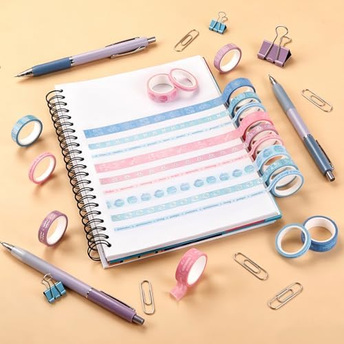 Washi Tape Set of 18 Rolls, Assorted Sizes, Decorative Tape for Journaling, Scrapbook, DIY Décor, Craft Supplies, Gift Wrapping, Metallic Foil, Celestial Pink and Blue