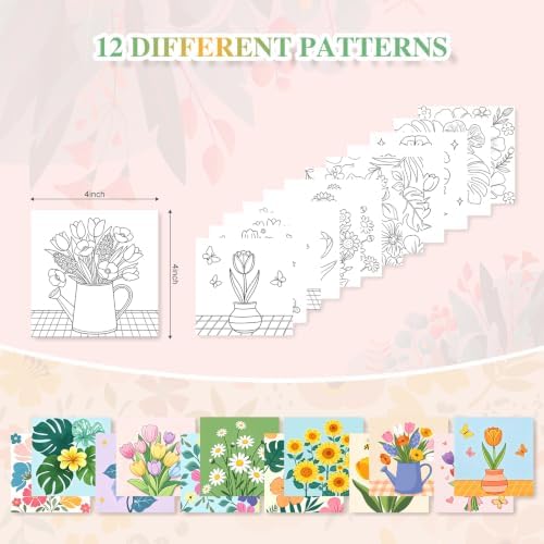 12 Packs Floral Pre Drawn Canvas to Paint, Flower Pre Printed Canvas for Painting, Pre Stretched Canvas Outline Painting Boards for Beginners, Students, Party Favors(4 * 4in)