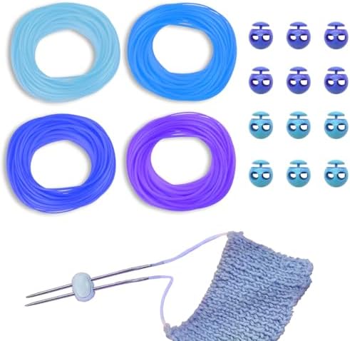 GeryVtee Cord Lock Kit Knitting Stitches Holder Barber Cord Stitch Markers Knit Stiches Keeper 12 Pcs Silicone Stitch Holders & 4 Rolls Round Barber Cords for Knitting Projects (Blue Style)