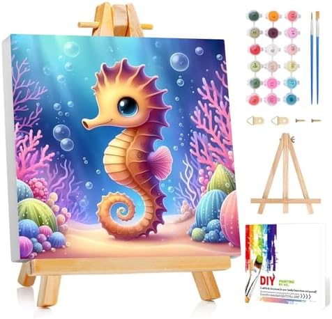 Reivworl Seahorse Paint by Numbers Kit for Kids with Frame 8×8 inch