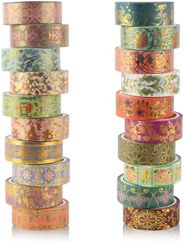 Gold Foil Floral Decorative Tape Set 20 Rolls Washi Tape Aesthetic DIY Art Masking Tape for Kids Craft Notebook Planner Book Scrapbooking & Stamping Supplies Gift Wrapping