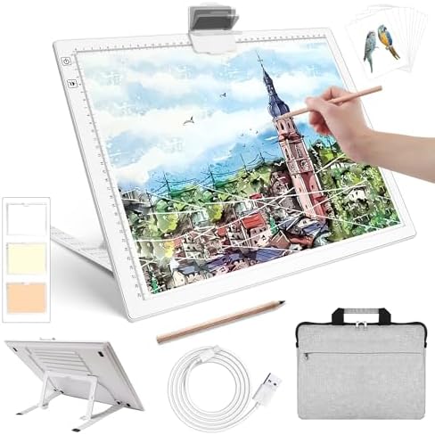 Rechargeable A3 Diamond Art Light Board with Padded Case,Light Pad with Stand,3 Colors Stepless Dimmable and 6 Levels of Brightness Light Box for tracing,Diamond Painting,Drawing,Sketching(White)