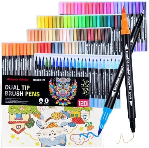120 Colors Dual Markers Brush Pens ,Dual Tip Brush&Fine Tip Markers for Adult Kids Coloring,Water-based Ink Art Marker,Calligraphy Pens Fineliner and Brush Tips for Hand Lettering, Journal, Doodling