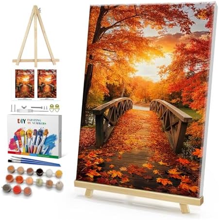 HeeBenor Framed Paint by Numbers Kit for Adults, Autumn Leaves Paint by Numbers Kit for Adults with Easel, DIY Landscape Paint by Number with Frame, Adult Paint by Number Kits Framed Canvas 8x12 Inch