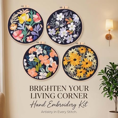 Harimau Adult Beginner Embroidery Starter Kit, Complete Set with 4 Patterns, 2 Hoops, Needles, Scissors, Instruction Guide & Stitching Video Tutorials