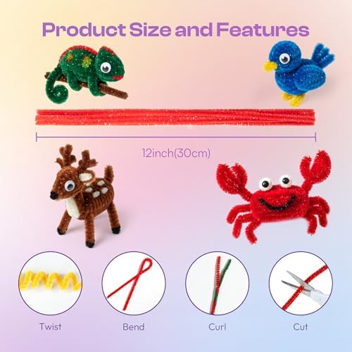 Caydo 200PCS Glitter Pipe Cleaners Craft, Sparkly Pastel Chenille Stems for Flower Making, DIY Art Creative Projects and Holiday Party Decorations