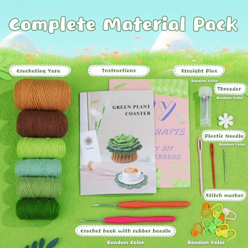 LUNARM Crochet Kit for Beginners, Crochet Start Green Plant Coasters Kits