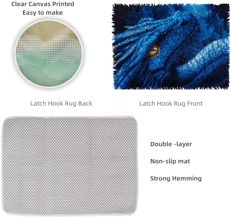 Latch Hook Rug Kit Dragon Pre-Printed Handmade Carpet Crochet Yarn Craft DIY Hook and Latch Door Mat Tapestry for Home Floor Decoration 52x38cm-1