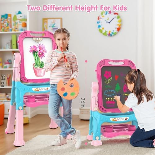Amagoing Easel for Kids, Adjustable Standing Art Easel for Toddler, Double Chalk Drawing Board with Painting Accessories, Birthday Christmas Gift Toy for Girls 3 4 5 Years Old