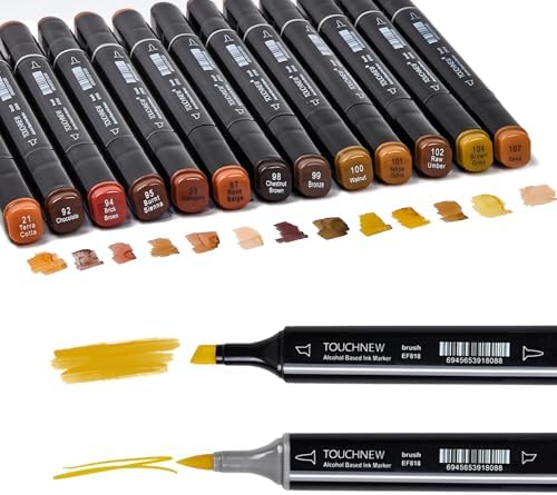 13Pcs Alcohol Markers Pure Color Series,Black Pen Barrel Dual Tip Soft Art Solid Color Markers Set for Adults Beginner Drawing Sketching (Brown)