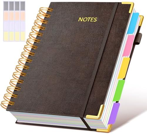 Hardcover Spiral Notebook journal with Removable Dividers Tabs, 300 Pages Leather 5 Subject Notebook College Ruled, 100GMS A5 Notebooks for Work School Note taking,Lined Journal for Women,A5 Brown