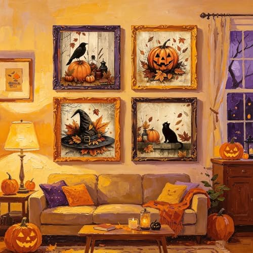 KYOQFVN 4 Pack Paint by Numbers Kit for Adults with Frame - Pumpkin Halloween Paint by Number - Witch Hat Painting by Number Kits, DIY Acrylic Oil Painting Kits for Home Wall Decor (8X8inch)