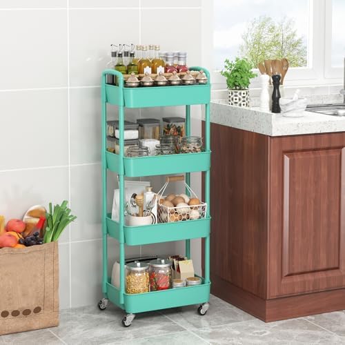 Sywhitta 4-Tier Plastic Rolling Utility Cart with Wheels for Storage,Green