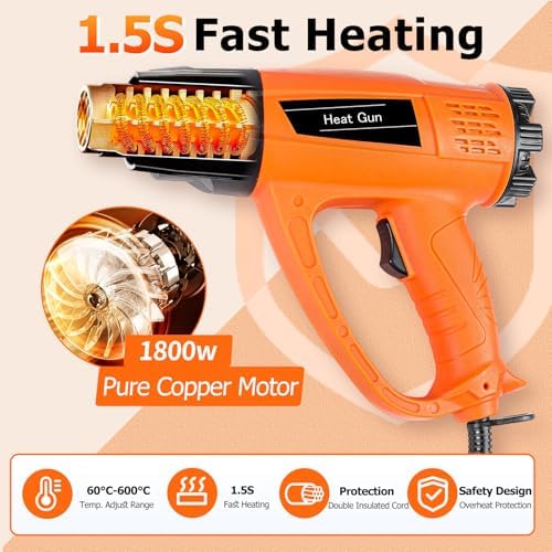 1800W Heat Gun for DIYers, Crafters & Electronics Repair – 140°F~1112°F Variable Temp, 1.5s Fast Heat, 5 Nozzles, 2 Scrapers, Overheat Protection, Hands-Free Stand | Shrink Tube, Resin, Vinyl Wrap